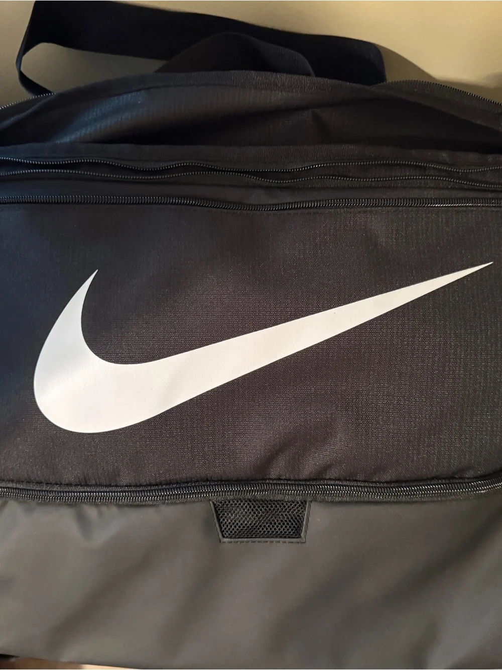 NWT Nike Black Duffel Bag with White Swoosh and Logo Strap